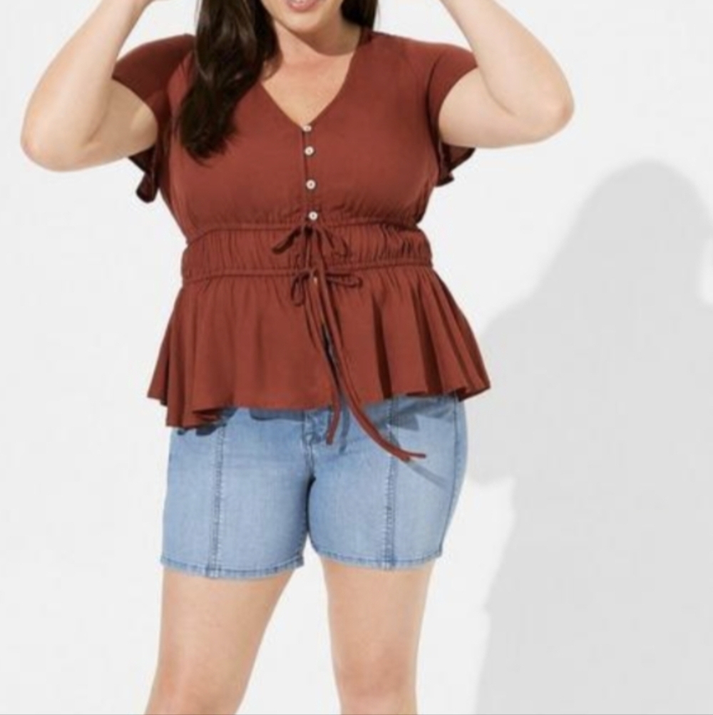 Gauze Waist Detail Flutter Sleeve Top